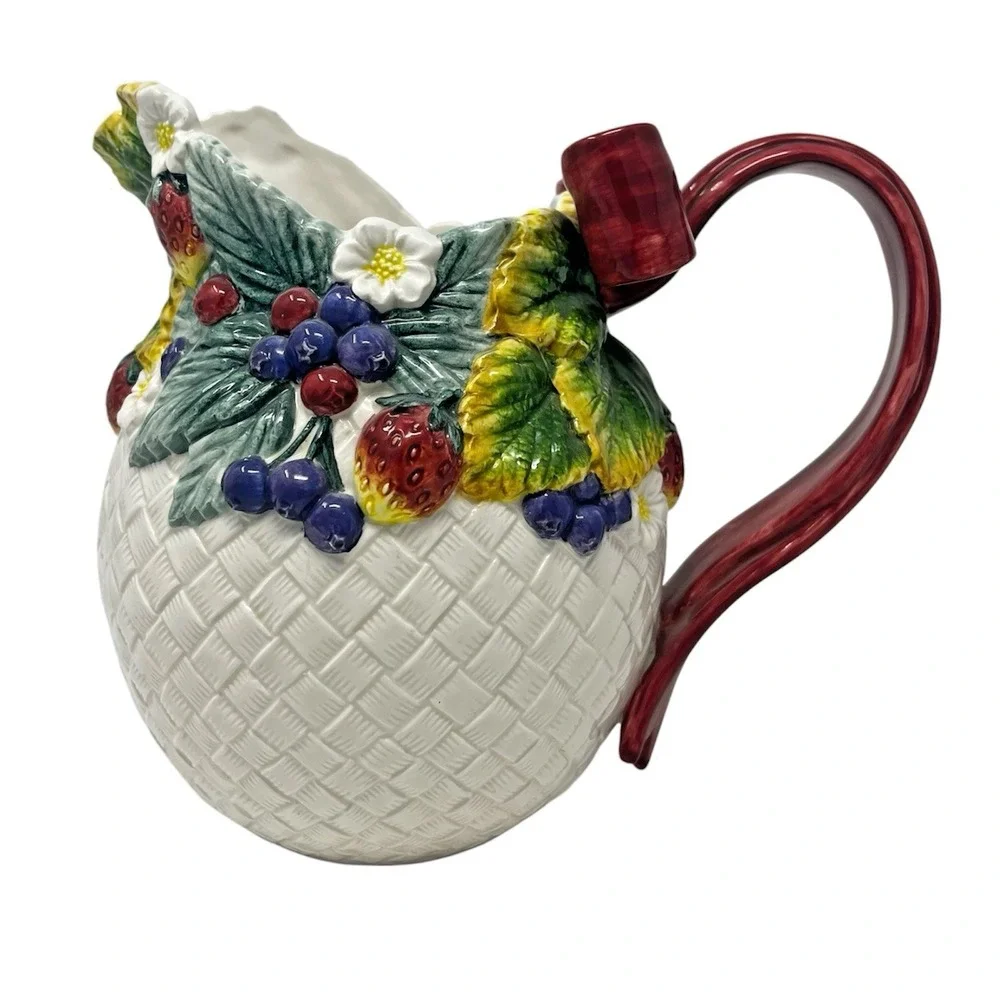Fitz & Floyd Berry Patch 1995 Ribbon Handle Pitcher Bouquet Holder